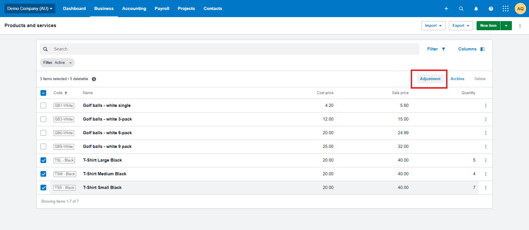 Xero bulk inventory adjustment