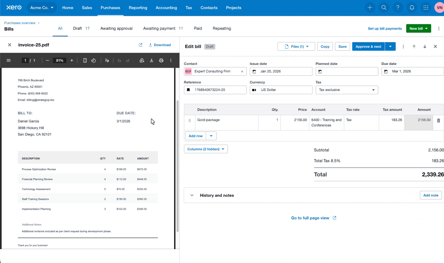 Xero New Bills Screen